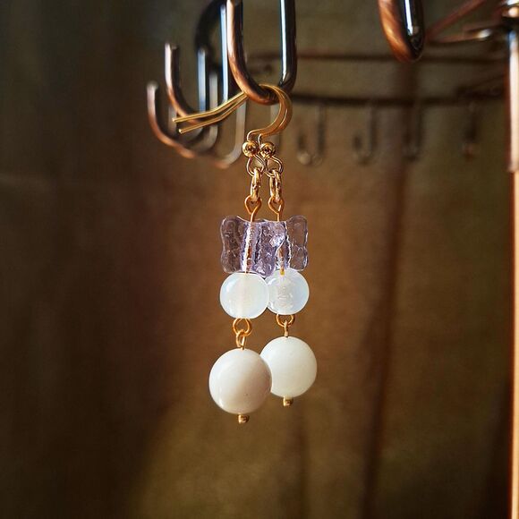 Fairycore Butterfly Glass & White Chalcedony Drop Earrings – 24k Gold Plated - Picture 9 of 9